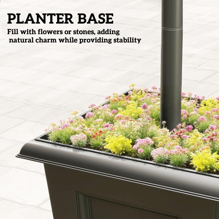 Rectangular black planter base filled with colorful flowers beneath a solar post