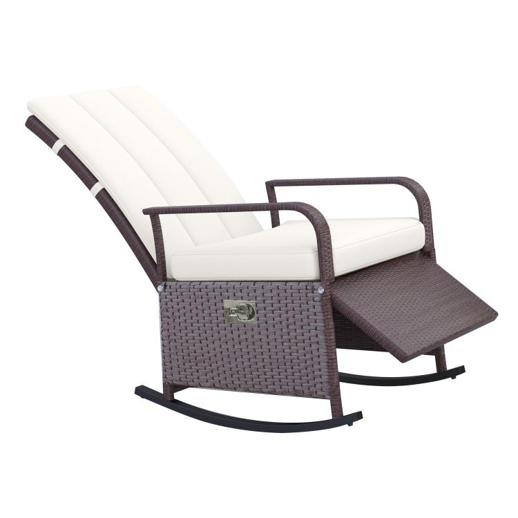 Beige PE rattan rocking recliner with footrest, padded seat, and upholstered backrest