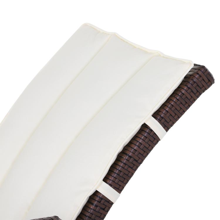 Beige rocking recliner seat cushion with dark brown woven rattan frame edge