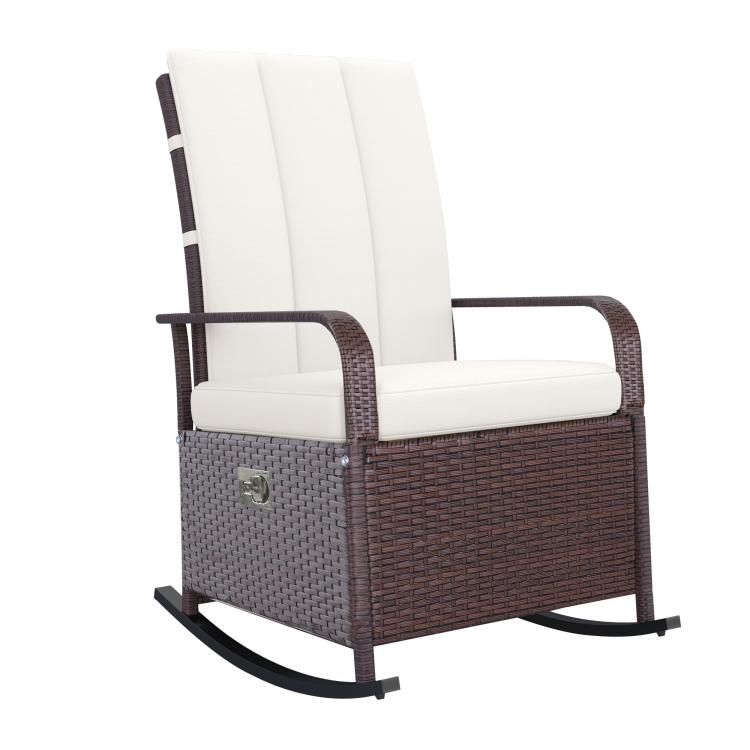Beige rocking recliner with footrest, dark brown woven rattan frame and white cushion
