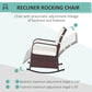 Reclining rattan rocking chair with beige seat and back cushions and angled footrest