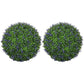 Pair of artificial topiary balls with dense green leaves and purple flower clusters