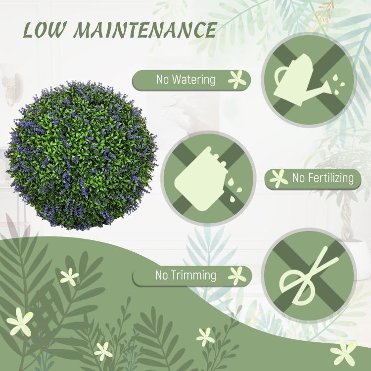 Artificial topiary ball with dense green leaves and purple flower clusters