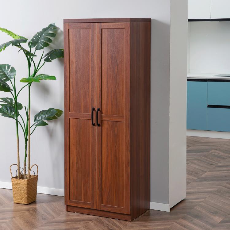 Brown kitchen storage pantry cabinet with 2 doors and recessed panel design