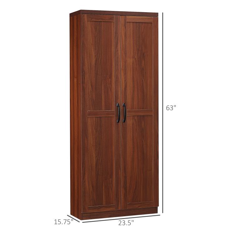 Brown freestanding pantry cabinet, 63 in tall, with 2 doors and metal handles