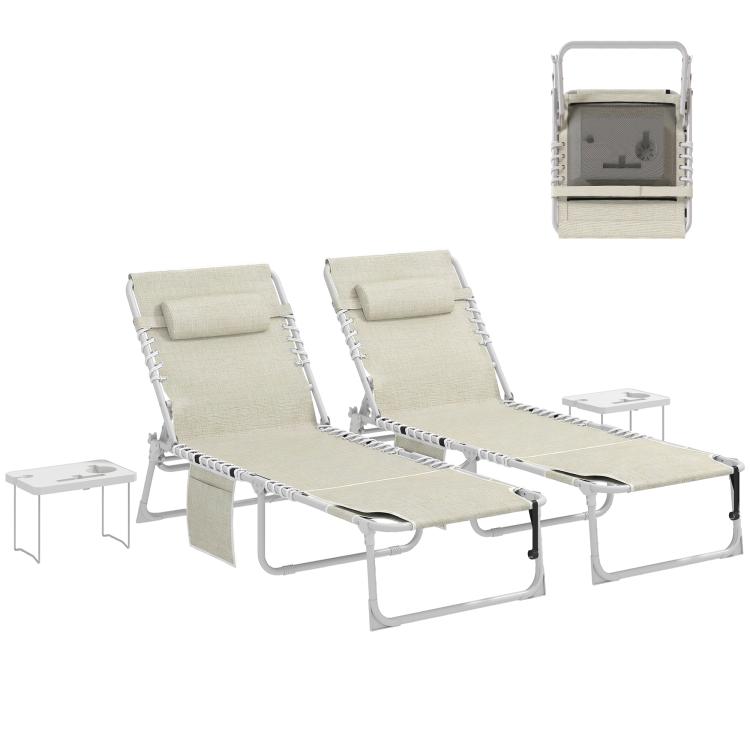 Beige 5-position folding tanning chair set of 2 with face holes and side tables