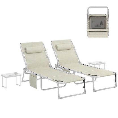 Beige 5-position folding tanning chair set of 2 with face holes and side tables