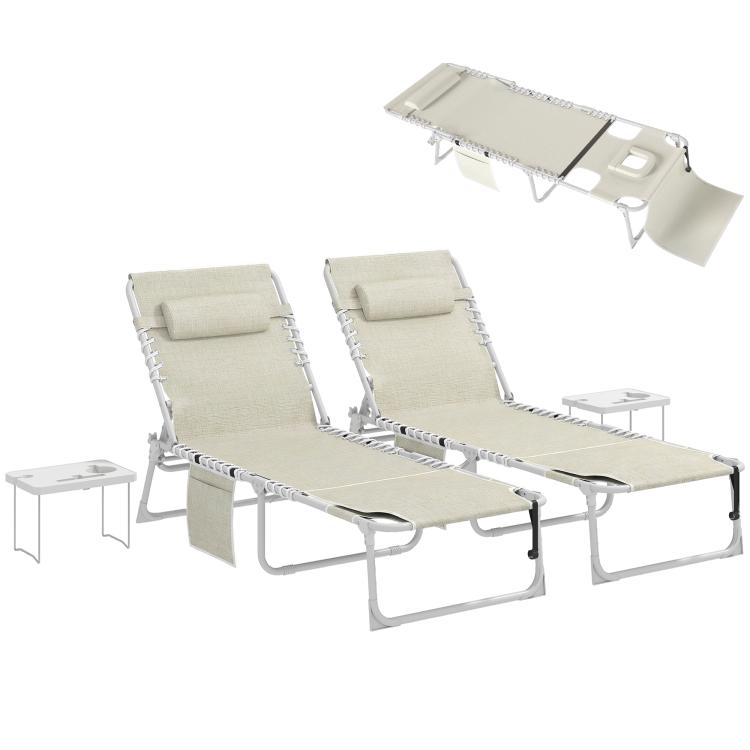 Beige folding tanning chair set of 2 with face-hole headrests and side table