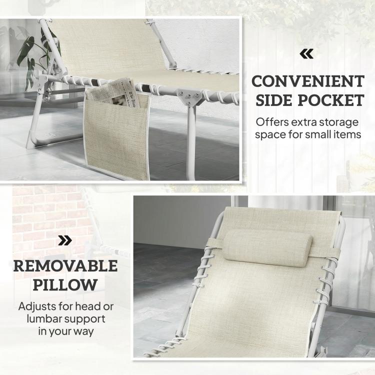 Beige folding outdoor chaise lounge chair with removable head pillow and side pocket