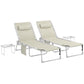 Set of 2 beige folding chaise lounge chairs with side tables and reclining frames