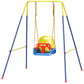 Toddler swing seat with red front guard and blue base, suspended from yellow-and-blue frame