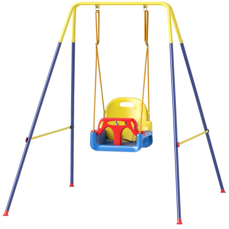 Toddler swing seat with red front guard and blue base, suspended from yellow-and-blue frame