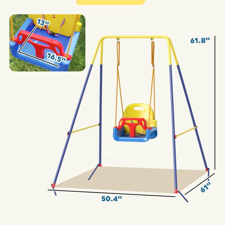 Toddler swing set frame with hanging seat, blue legs and yellow top bar in a size view