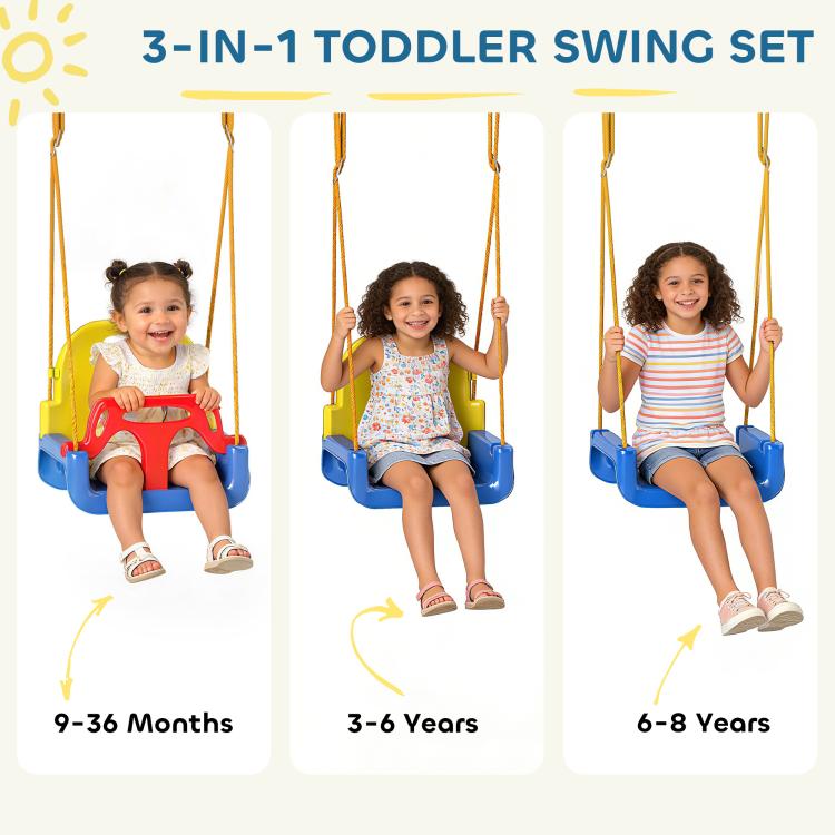 Toddler swing seat set showing different riders: red front guard on blue base