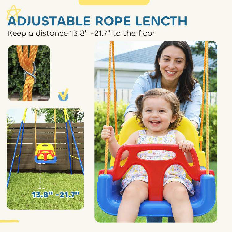 Toddler swing seat with red front guard and blue base, on adjustable hanging ropes