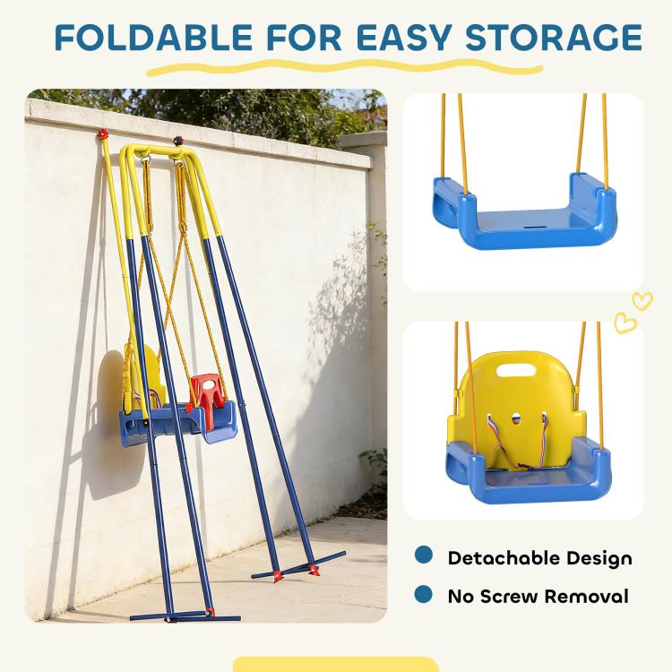 Folded toddler swing set for storage, blue frame with yellow top and hanging seat