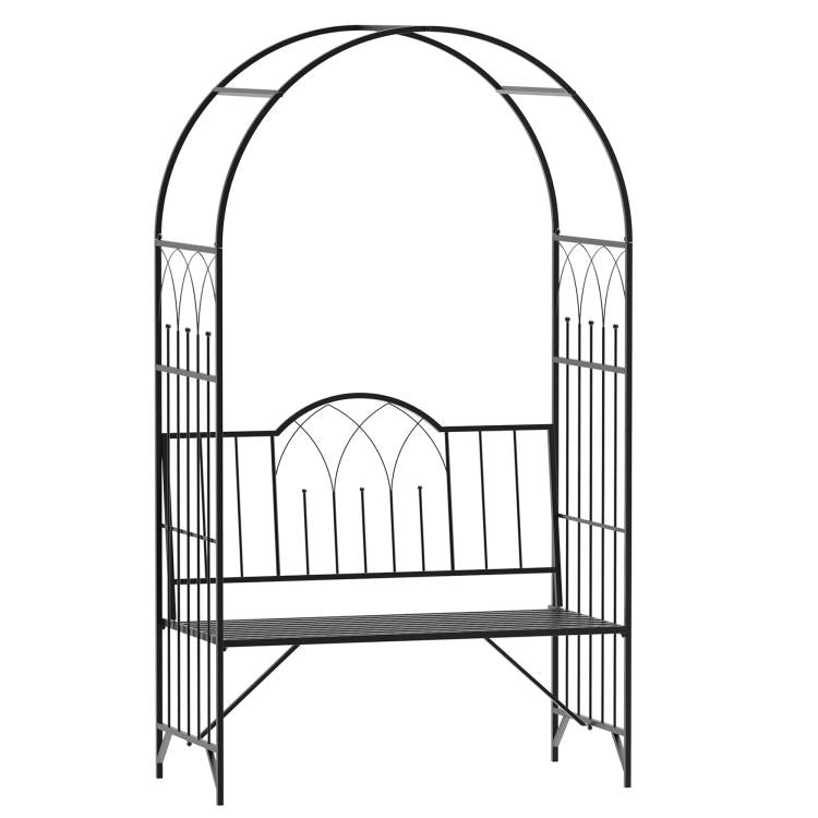 Black metal arbor arch bench with trellis panels and arched back, two-seat design