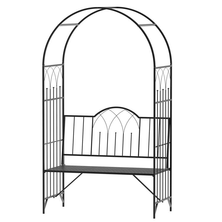 Black metal arbor arch bench with arched trellis back and slatted bench seat