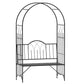 Black metal garden arbor with curved top, side lattice panels, and built-in bench