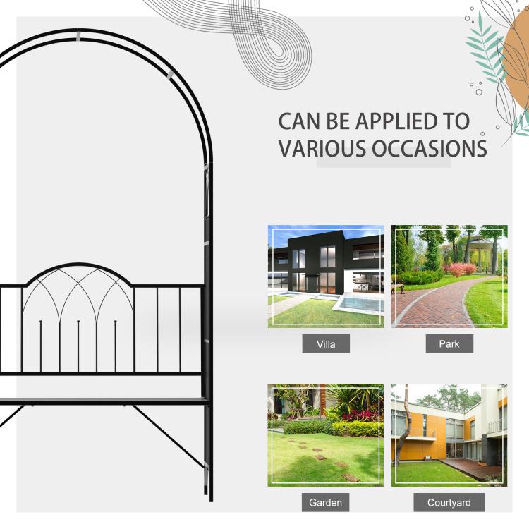 Black metal arbor bench with arched trellis frame and decorative end panels