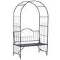 Black metal arbor arch bench with arched trellis back and slatted seat, full frame