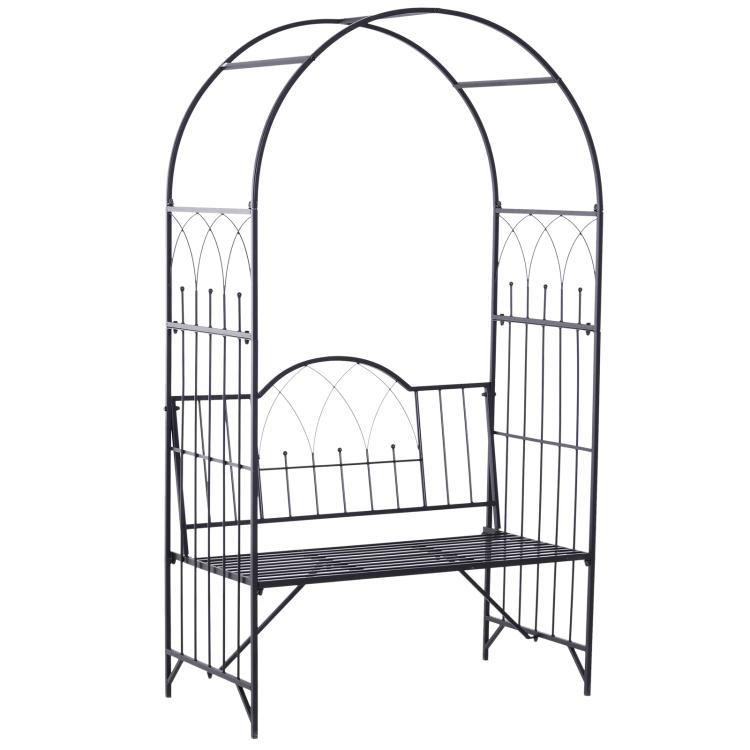 Black metal arbor arch bench with arched trellis back and slatted seat, full frame