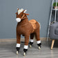 Brown plush ride-on walking horse with white mane, reins, and four rolling wheels