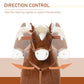 Brown plush ride-on horse head with reins, showing steering control handle