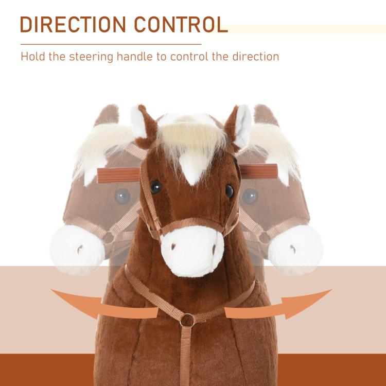 Brown plush ride-on horse head with reins, showing steering control handle
