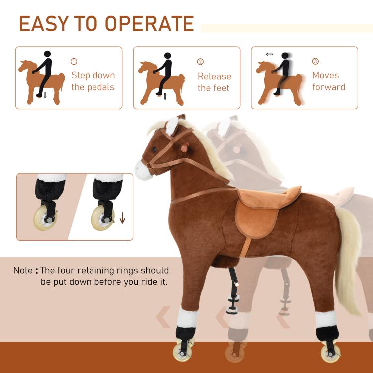 Brown plush ride-on horse with instructional-style controls and rolling feet