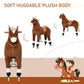 Brown plush ride-on horse with soft huggable body, saddle, and rolling wheels