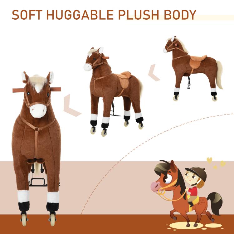 Brown plush ride-on horse with soft huggable body, saddle, and rolling wheels
