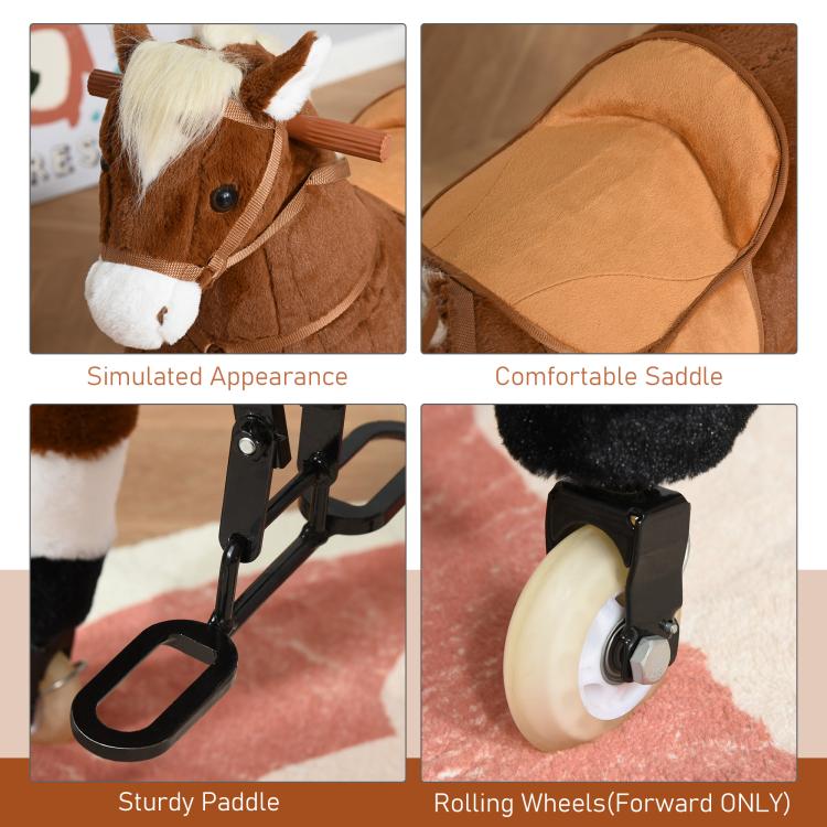 Brown plush ride-on horse details: padded saddle and rolling wheel base