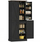 Black pantry cabinet with open doors, shelves, and wine-and-jar storage racks