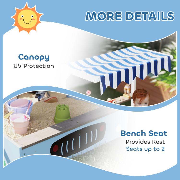 Blue sandbox with striped canopy, bench seats, and chalkboard panel details
