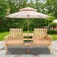 Natural wood patio bench with umbrella canopy and center table between two seats