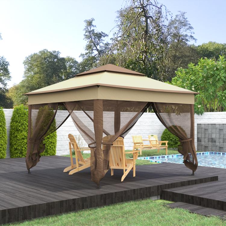 Natural wood patio bench with canopy umbrella and hanging curtains