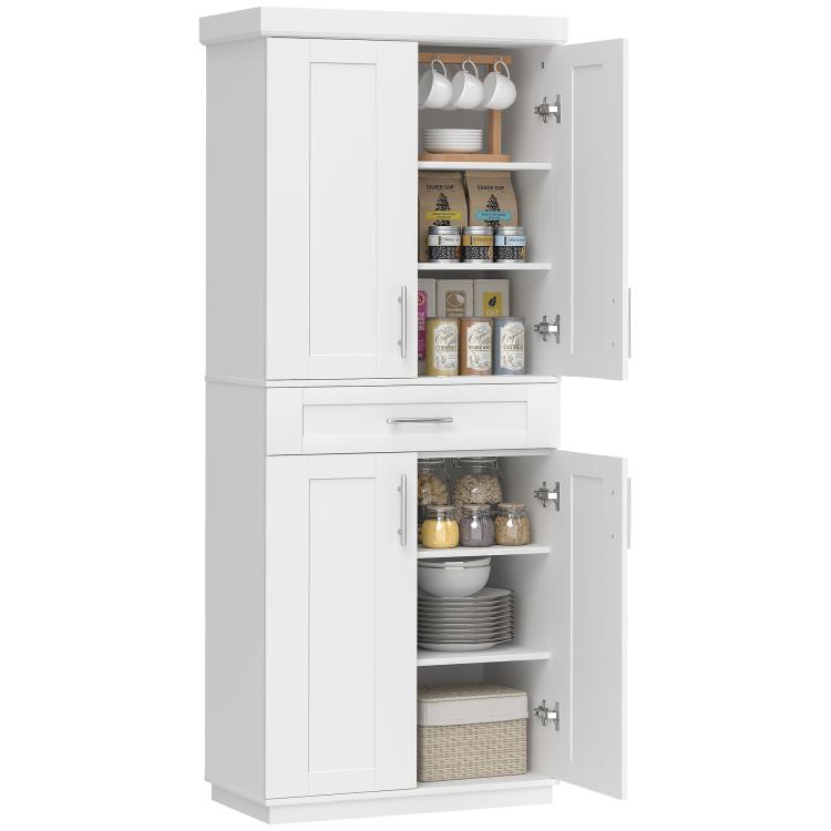 White freestanding pantry cabinet with upper and lower doors, drawer, and open shelves