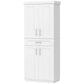 White freestanding pantry cabinet with four doors and center drawer