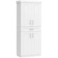 White freestanding pantry cabinet with four doors and a center drawer
