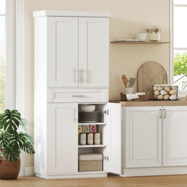 White pantry cabinet with open doors showing shelves and bottom drawer storage