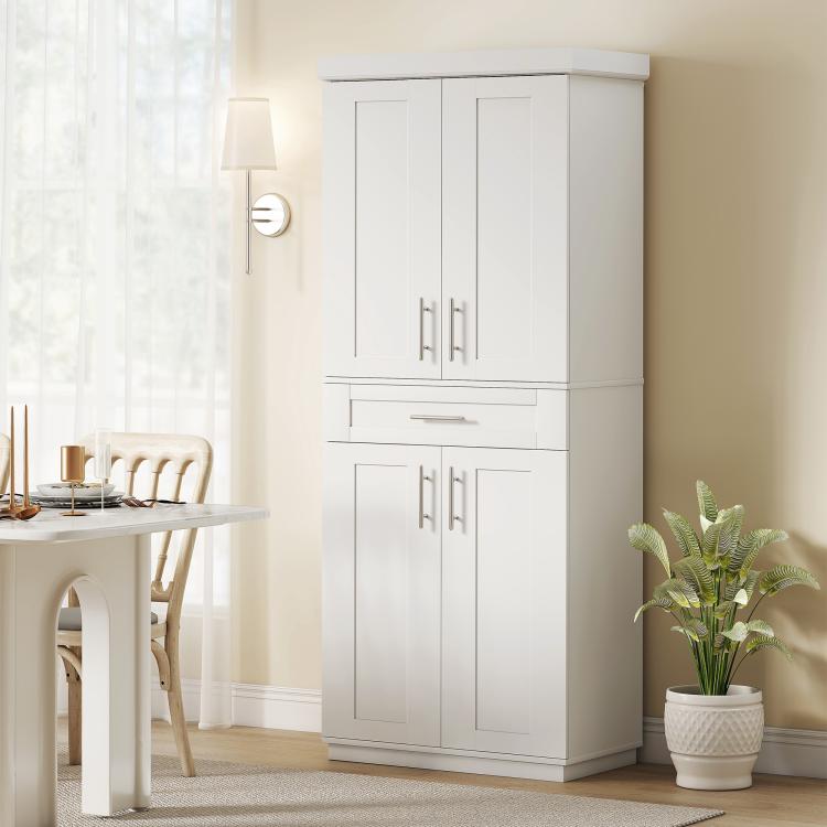 White freestanding kitchen pantry cabinet with double doors and top storage cabinet