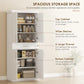 White pantry cabinet infographic highlighting top cabinet, wide shelves, and drawer
