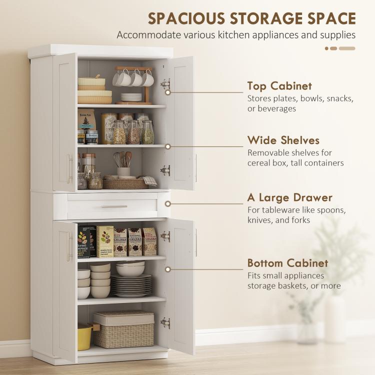 White pantry cabinet infographic highlighting top cabinet, wide shelves, and drawer