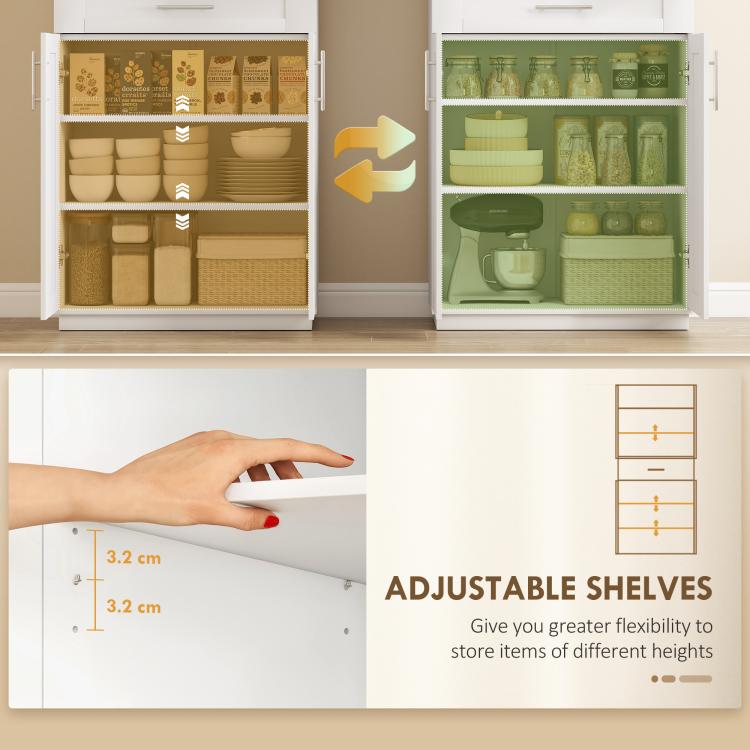 White pantry cabinet with adjustable shelves, door storage compartments, and drawer area