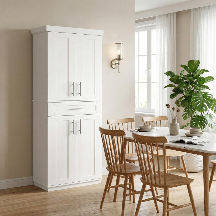 White freestanding pantry cabinet with shaker doors and top cabinet section