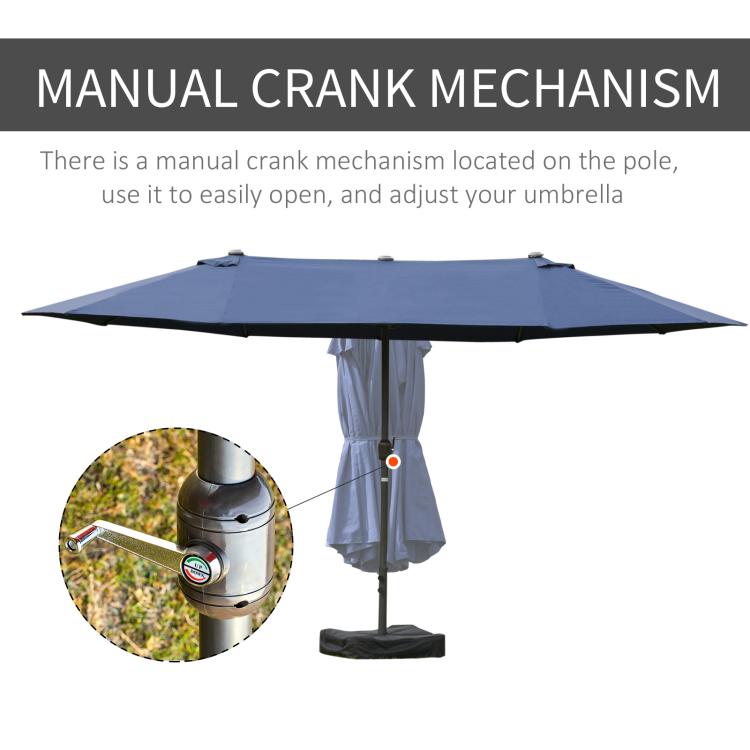 Dark blue patio umbrella with manual crank on the pole and covered base
