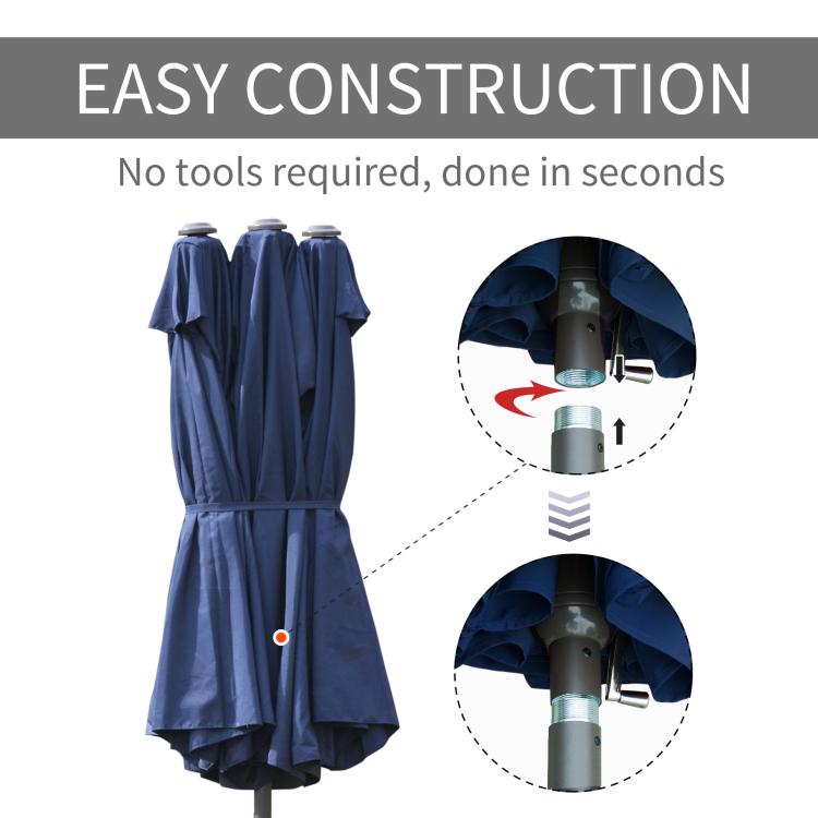Dark blue patio umbrella canopy cover showing pole attachment and setup