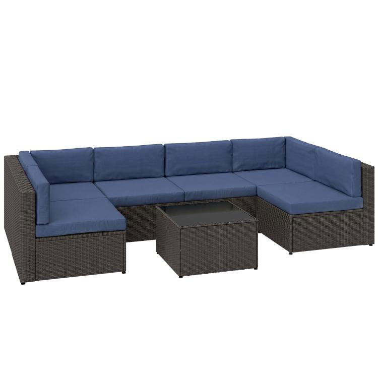 Outdoor corner sectional with blue seat cushions, brown wicker-style frame and ottoman