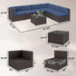 7-piece outdoor sectional set layout with navy cushions and dark wicker coffee table